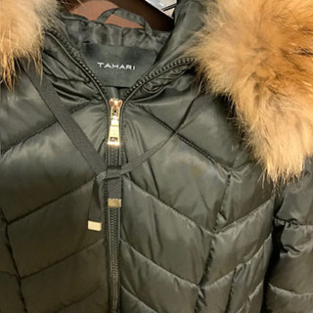 Tahari Quilted Down Hooded Jacket, Real Fur Trim, Belted - Picture 14 of 16